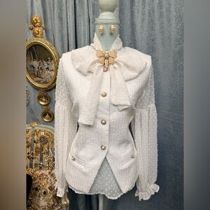 White Tweed Vest /Blouse Gold Button And Earrings